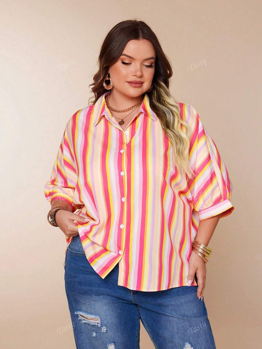 Casual Striped Shirt, Classic Single-Breasted, Drop Shoulder, Turn-Down Collar, Side Split Hem, Loose Fit, Summer Apparel, Plus Size Women