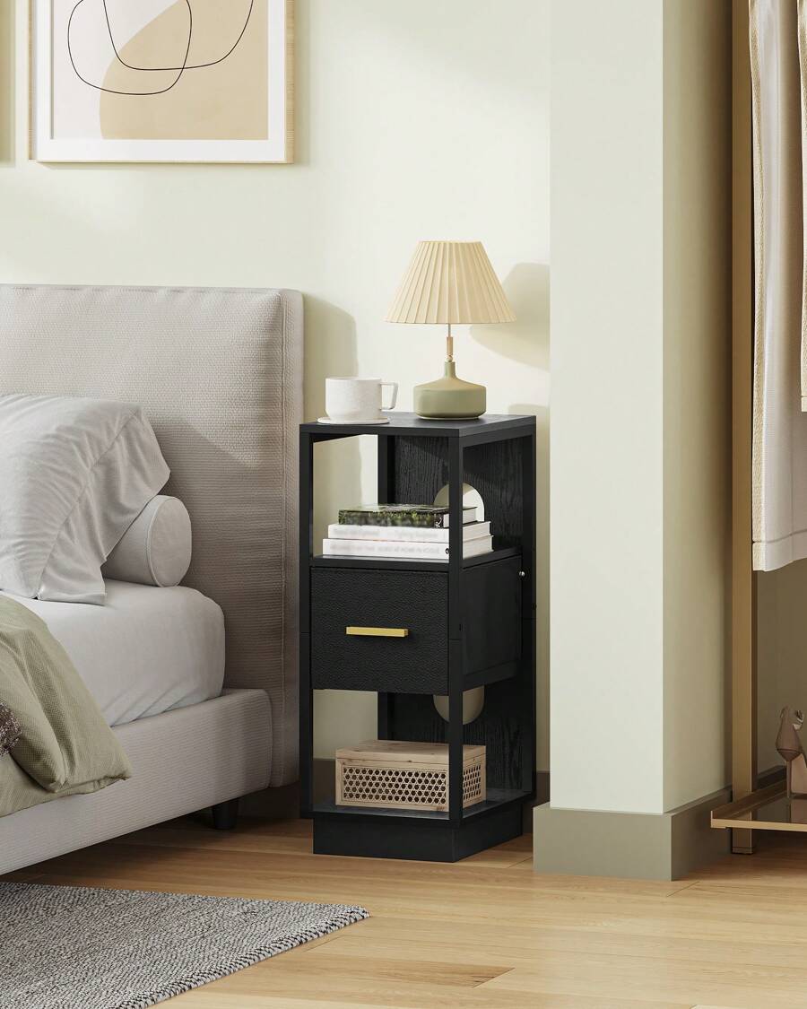 Hzuaneri Mesita de noche estrecha con 1 cajón de tela, mesita de noche con compartimento abierto, moderna, para dormitorio, salón, 30 x 24 x 60 cm