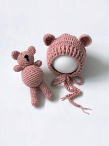Set di cappellini da bebè a forma di orsacchiotto, accessori per fotografia neonati, giocattoli, cappelli in maglia per neonati, bambola da posa per servizi fotografici di bambini e bambine