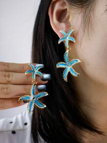 Fashionable Exaggerated Personalized Resort Style Starfish & Five-Petal Flower Women Earrings, Turquoise Five-Pointed Star Earrings Suitable For Resort Wear