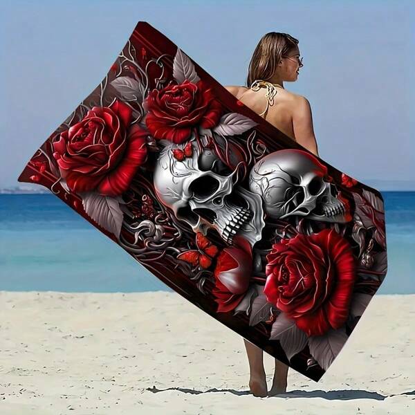 1pc Halloween Vintage Skull & Rose Polyester Beach Towel, 100% Polyester, 240gsm, Fade-Resistant, Space Theme, Knitted Fabric, Rectangular, Ideal For Outdoor Beach, Pool, Bathroom, Camping, Travel - Essential For Summer Holidays