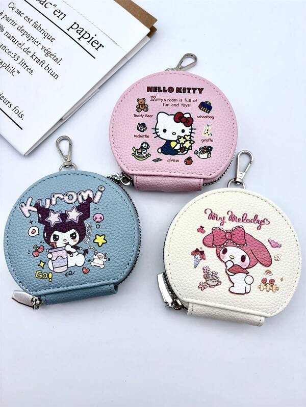 1pc Cute Cartoon PU Round Wallet/Coin Purse In Pink, Blue, White, Suitable For Fashion Daily Accessory