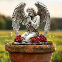 2D Engel Garten Plakette - Klassisches Acryl Rasenschild, betender Engel mit Rosen Ton-Topf Design, wetterfestes Outdoor Dekor für Garten, Friedhof und Landschaftsverschönerung, Märchenstil mit exquisiten Details, 2D Engel Garten Ornament, zufälliger Stil