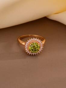 1 pieza Anillo de compromiso de joyería de boda elegante con diseño floral de circonita cúbica bañada en latón para mujer