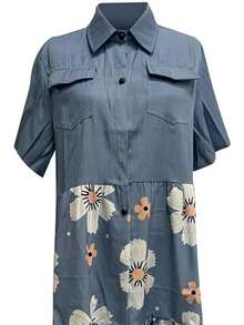 Women's Plus Size Denim Dress Short Sleeve Turn Down Collar Button Front Loose Swing Jean Dress - 花色 - 查看 3