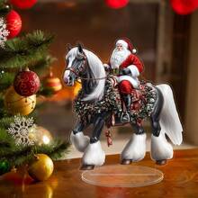 2D flach, 2D Weihnachtsmann reitend auf Pferd Acryl Ornament - Festliche Weihnachtsdekoration mit Kranz, Geschenken und Schneeflocken, perfekt für Heim- oder Büro-Feiertags-Dekoration, 1 Stück, ideales Abschlussgeschenk | Art-Deco-Weihnachtsmann | Klarer Kranz-Design, Weihnachtsmann Dekorationen