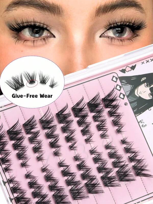 Manga Lash Clusters 64pcs Fox Eye Lashes Left & Right C Curl Lash Clusters Natural Wispy Fairy Lash Clusters Kit - Reusable Self-Adhesive False Eyelashes, Quick Stick, No Glue Needed, Odorless