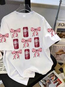 Tween Girl Casual Simple Girl T-Shirt Red Bow And Soda Pattern Pullover Round Neck Short Sleeve T-Shirt Kids Clothes Girls Summer New Short Sleeve Top - White - View 4