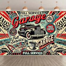 2D Backdrop Cloth, Vintage Garage Service Station Backdrop - Full-Service Coffee Theme Retro Americana Photography Background With Classic Cars & Tools, Indoor/Outdoor Banner For Birthday Parties, Holiday Decor, Studio Props,2D Flat,Notmulti-Layer Or Real Model