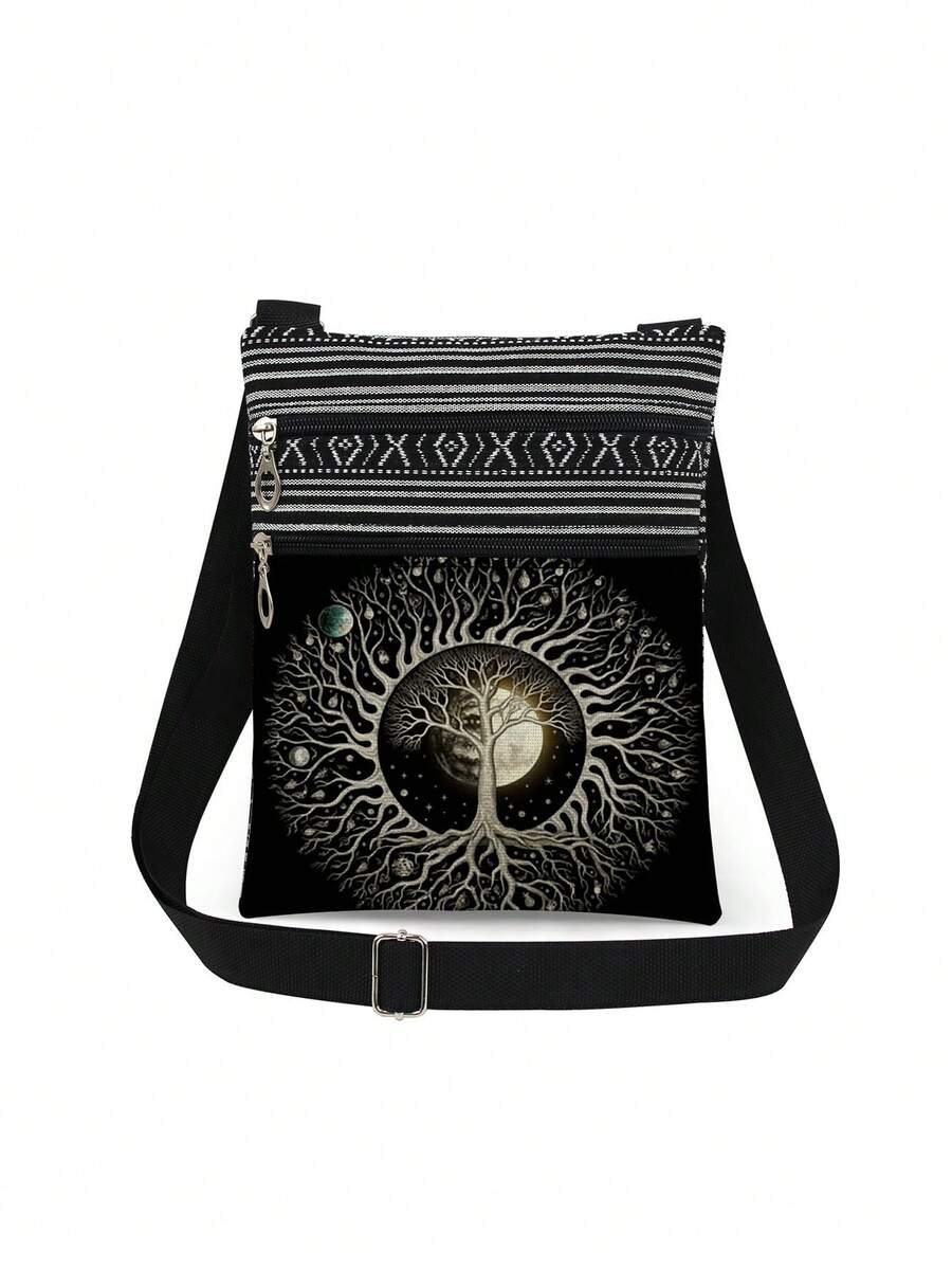 Mysterious Magic Tree Of Life Pattern Crossbody Bag, Unisex Reusable Shoulder Messenger Bag, Fashion Aesthetic Satchel Bag With Abstract Sun Moon Tree Graphic Print, Portable Messenger Bag, Party Gift, Life Tree Lover Gift - Black and White - View 1