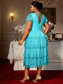 女式蛋糕连衣裙 褶皱 V 领高腰闪亮带衬里派对活动加大码女士礼服