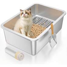 XL Stainless Steel Sifting Litter Box Big Cats, Metal Sifting  Litter Box With Wood Pine Pellets,  Large Sifter Pan System, Odor Control, Easy To Clean, Includes Liners And Metal Scoop - [XL]23.7''L*15.7''W*6''H - View 2