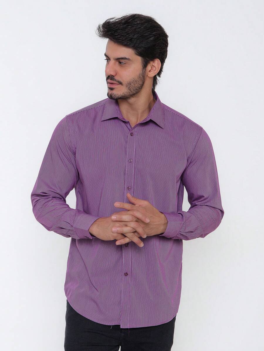 Rand paul Men's Long Sleeve Striped Dress Shirt, Easy Iron Egyptian Cotton Fabric - 中紫紅色 - 查看 1