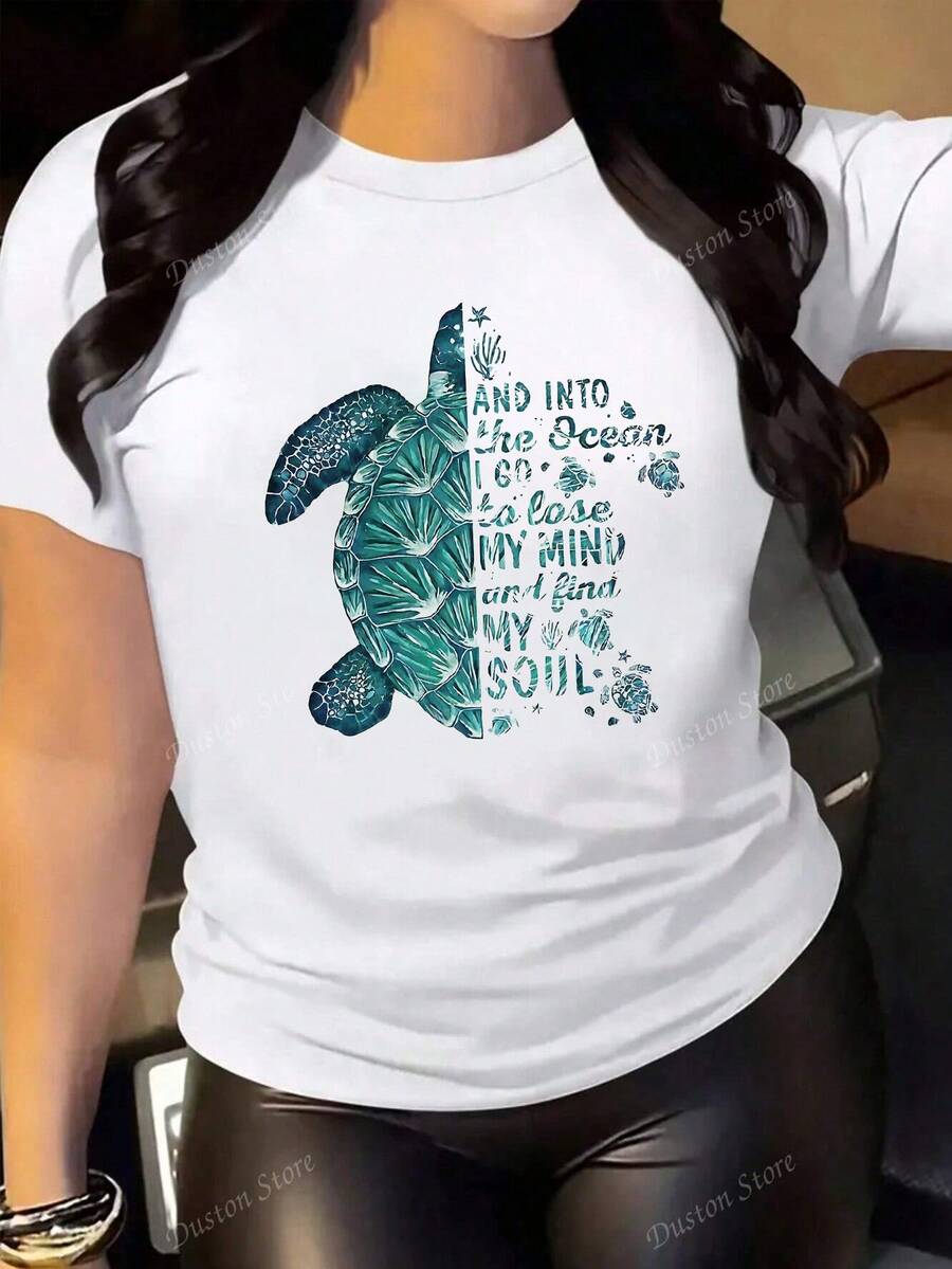 Camiseta de algodón con estampado "Into the Ocean – Sea Turtle Soul" casual de moda para mujer - Blanco - Ver 1