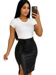 Faux Leather Midi Skirt Slit And Bow Women's Fashion Simple Elegant Party Split Beach - màu đen - Xem 2