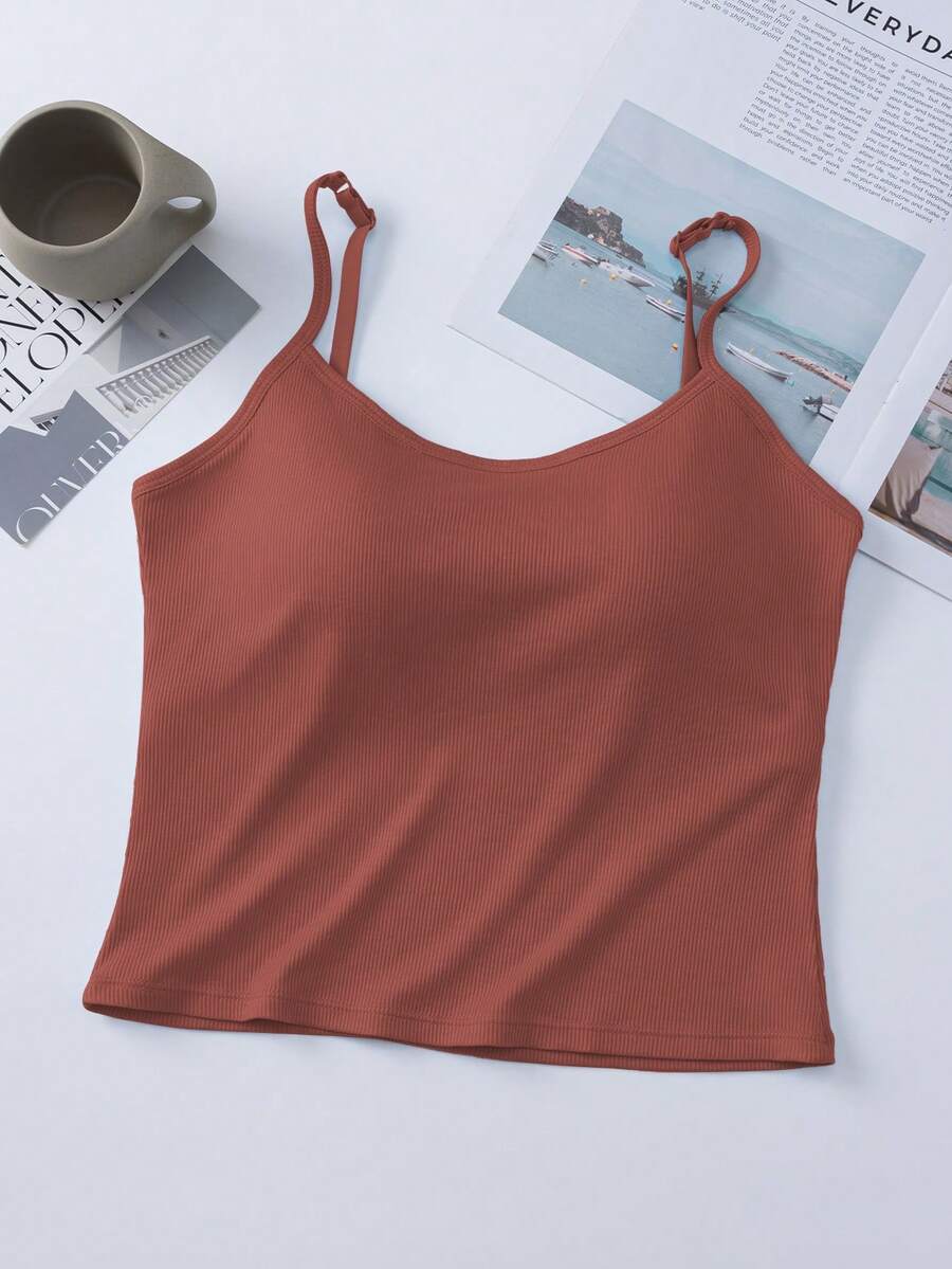 1 Áo hai dây gân trơn dành cho nữ, có đệm rời, không tay, áo crop top thường ngày, tập luyện - Rỉ Nâu - Xem 1