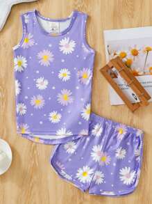 2 Peças Conjunto de Pijamas Ajustados para Meninas, Regata e Shorts Estampados com Margarida, Roupa Íntima Respirável e Confortável de Verão