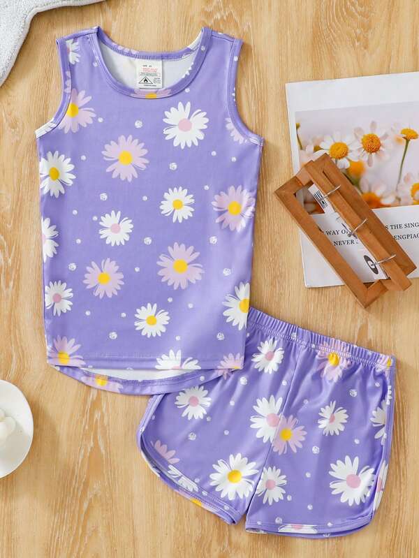 2 Peças Conjunto de Pijamas Ajustados para Meninas, Regata e Shorts Estampados com Margarida, Roupa Íntima Respirável e Confortável de Verão