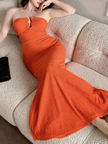 abyoxi 加大码橙色性感深 V 领抹胸修身鱼尾下摆长裙，金属装饰，开领纹理面料，休闲通勤，简约优雅海滩度假装，辣妹风格，春夏新款女装 - 珊瑚橙 - 查看 6