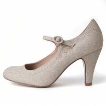 Women Cutout Mary Jane Mid Heels – Round Almond Toe Vintage Cone Heel Pumps With Ankle Strap For Spring Summer Weddings, Parties, Bridesmaids, Office & Everyday Wear [Size Up Half Size] - 金色亮片 - 查看 2