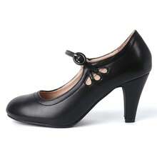 Women Cutout Mary Jane Mid Heels – Round Almond Toe Vintage Cone Heel Pumps With Ankle Strap For Spring Summer Weddings, Parties, Bridesmaids, Office & Everyday Wear [Size Up Half Size] - Pu đen - Xem 2