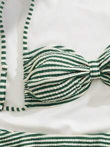 新款柔软条纹细肩带优雅性感三件式比基尼泳衣，女士夏季沙滩时尚泳装度假装 - 綠色 - 查看 5