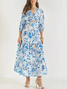 BIANCO LUCCI Women's Long Linen Dress With Cut Detail Pattern - Blue - View 6