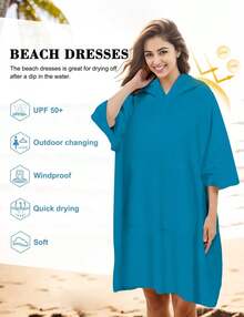Poncho de surf, toalla de cambio con bolsillo, bata de baño de tejido de rizo de gran tamaño para mujeres, poncho toalla con capucha - Azul - Ver 8