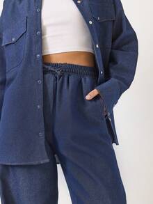 BIANCO LUCCI Conjunto de 2 piezas de ropa casual para mujer: Chaqueta de bolsillo de manga larga y abotonadura sencilla, y pantalones - Azul Marino - Ver 4