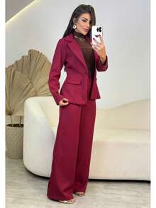 Set Of Wide-Leg Pants And Tailored Lined Blazer - 紅木色 - 查看 1
