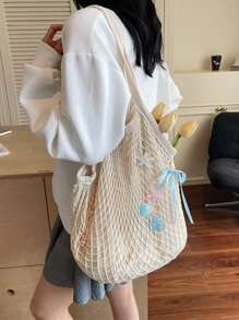Large Capacity Bow & Ocean Element Decor Mesh Woven Tote Bag For Women, New Hollow Out Weaved Shoulder Handbag For Beach, Summer Vacation
