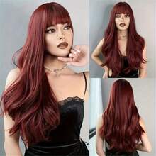26inch Wine Red Wavy Long Hair With Bangs; Elegant And Noble; Soft Hair Quality; Mother's Day Gift And Party Event