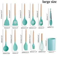 12 件硅胶厨房套装不粘厨房用具木柄铲子打蛋器烹饪用具配件