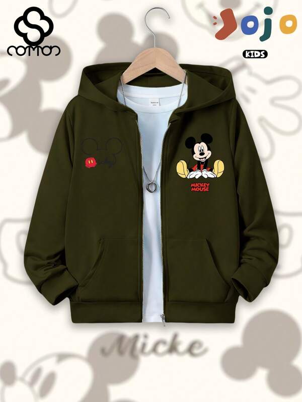 Disney Chaqueta de algodón para niño, estilo Disney de primavera, suave, cómoda, bonita y atractiva, estilo universitario, informal, versátil, transpirable, con capucha, bolsillos y cremalleras, con temática retro de Mickey Mouse y estampado creativo con eslogan.