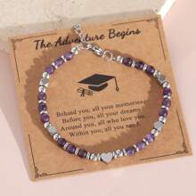 1 pièce Bracelet perles en pierre naturelle Améthyste rose zébré de style bohème 4mm, bracelet en acier inoxydable avec carte de graduation, convient pour un port quotidien et comme cadeau de remise des diplômes