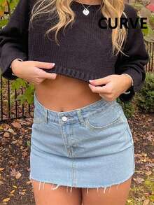 Plus Size Women Casual Denim Mini Skirt, Sexy For Summer - 淺色水洗藍 - 查看 5