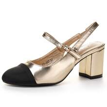 Elegant Mid-Block Heel Closed Toe Slingback Pumps For Women – Retro Chic Style With Adjustable Strap For Office Or Daily Wear - Gold - View 1