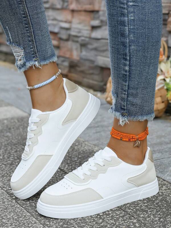 New Fashion Women's White Sneakers, Flat Thick Sole Lace Up Breathable Comfort Casual Trainers