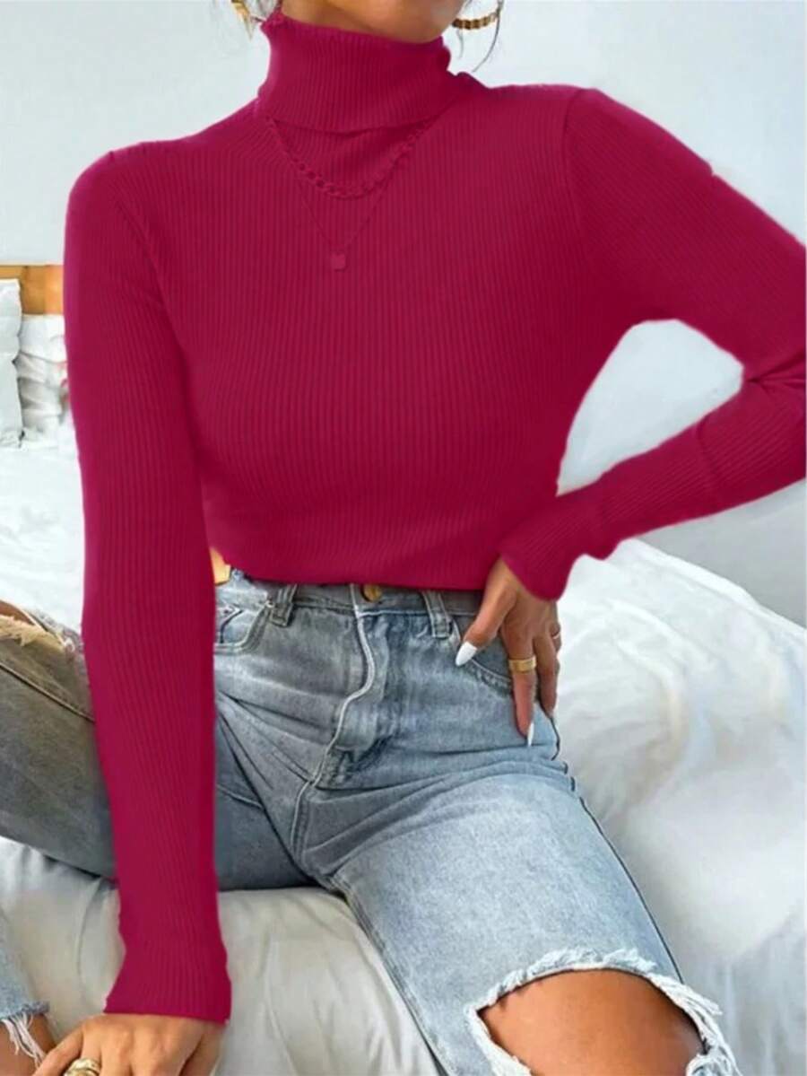 Women's Knitted Blouse High Neck Cacharrel Basic Wool Sweat Fashion Shipping!!! - 洋紅色 - 查看 1