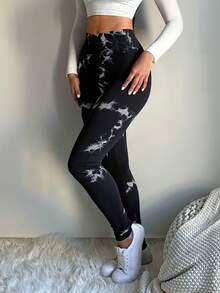 Leggings de yoga estilo tie-dye con gran elasticidad - Negro - Ver 3