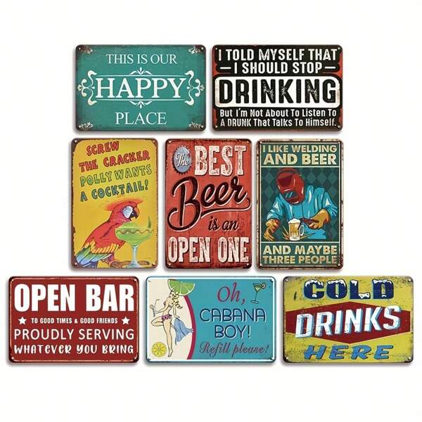 2D Flat, 8pcs Set Of Fun Bar Tin Signs, 8x12 Inch Vintage Wall Arts, Retro Beer Signs, Man Cave Decor, Cafe Wall Art Posters, Easy To Install Perfect Indoor Decoration