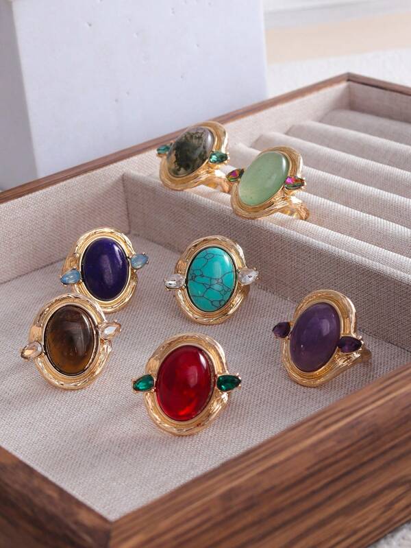 1pc Retro Alloy & Natural Stone Dopamine Color Ring, Versatile & Simple Design, Everyday Wear For Women