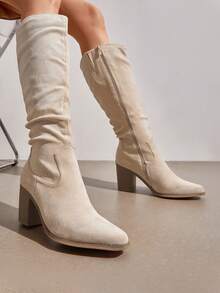 Women's Knee-High Boots, Comfortable Chunky Block Heel Pointed Toe Pull On Side Zipper Suede Slouch Riding Boots - Beige - View 4