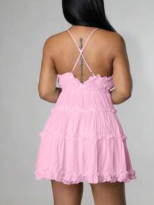 Women's Sexy Backless Sundress - V-Neck Slip Dress With Flutter Hem & Thin Straps, Minimalist Summer Dress For Beach & Date Nights - 粉色 - 查看 4
