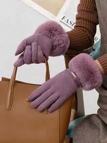 1 Pair Solid Color Elegant Casual Polyester Touchscreen Full Finger Gloves, Warm, Fashion, Suitable For Daily Wear, Cycling, Students, Plush Cuff, Women, Autumn/Winter