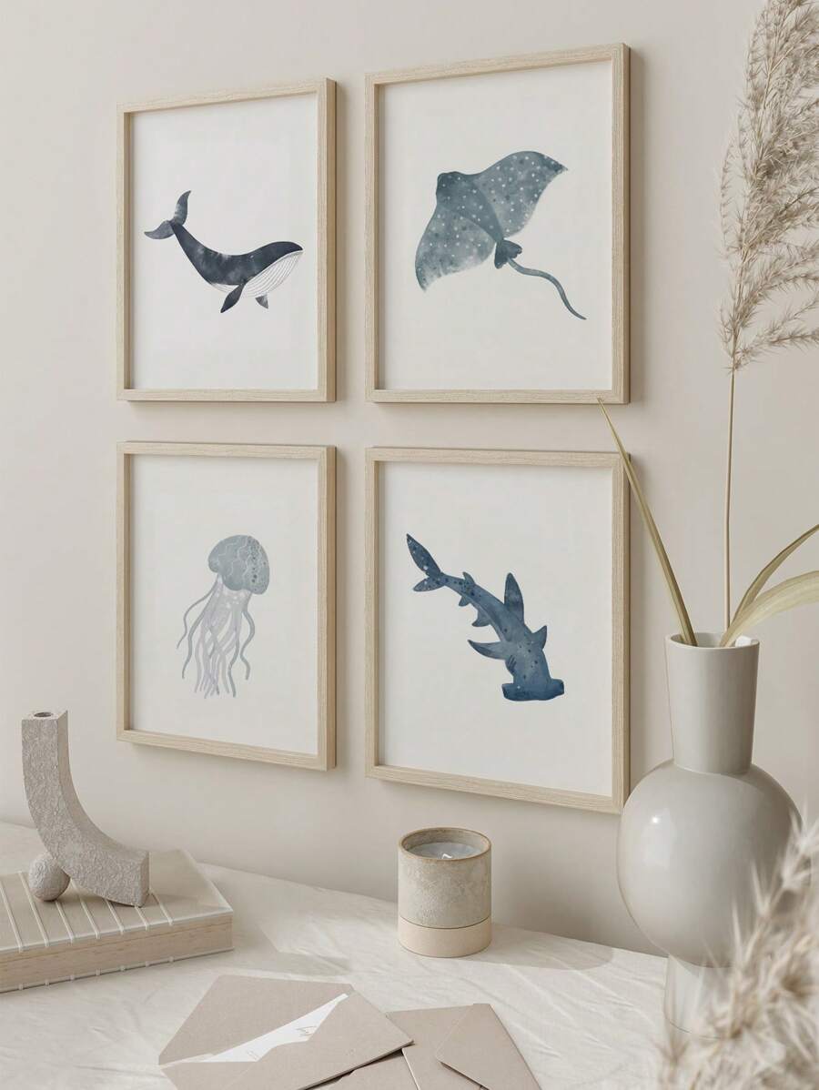 4 Pieces Ocean Wonders Wall Pictures Whale Shark Jellyfish Stingray Canvas Posters Summer Coastal Decor Hanging Paintings Nautical Themed Room Posters Kids Room Bedroom Wall Decoration No Frame