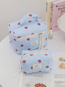 Cute Blue Strawberry Pattern Cosmetics Storage Bag With Quilted Design Fashionable Travel Toiletry Bag With Ribbon Cute Children's Make Up Bag With Zipper Large Capacity Makeup Pouch Portable Daily Organizer Bag Good Idea For Back To School Gift, Children's Day Gift, Graduation Gift, Birthday Gift For Daughters, Sisters, Friends, Classmates, Roommates Birthday Gifts For Girl Back To School Gifts - Blue - View 12