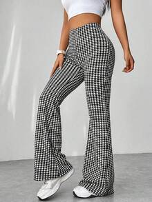 Pantalones Largos de Cintura Alta para Mujer con Estampado de Cuadros y Corte de Campana, Perfecto para vacaciones y días festivos - Blanco y Negro - Ver 5