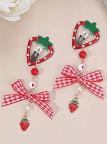 2 piezas Pinzas para el cabello con lazo estilo Y2K con diseño de cerezas y fresas para niñas, pasador de cabello con cinta a cuadros rojos retro, accesorios kawaii para el cabello con diseño floral y de frutas, para fiesta de San Valentín, Navidad, primavera y verano, festivales