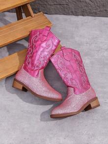 一双时尚童靴，2025新款儿童格雷特靴，亮钻靴，西部风靴子，刺绣格雷特鞋面，高跟靴 - 粉色 - 查看 3